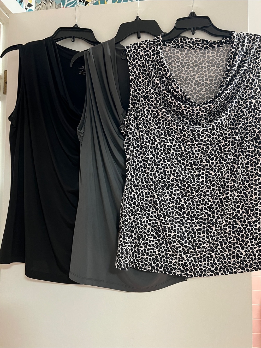 Sleeveless Cowl Neck Top - Black, Gray, Black/White Print XL